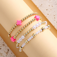 Bracelets en résine imitation perle dorée, lot de 4, avec breloque croix rose, extensibles, pour femme, bijoux religieux, cadeau Runcheng