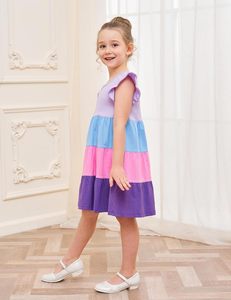 Abiti da ragazza Bumeex in cotone con maniche a volant, gonna a balze, linea ad A, grazioso vestito estivo midi casual con stampa a blocchi di colore - Product Image 4