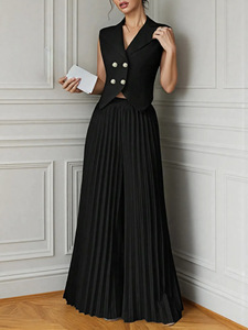 Fábrica de estilo personalizado o logotipo ODM verano traje de mujer moda elegante Oficina cuello en V Color sólido chaleco + Pantalones largos plisados - Product Image 5