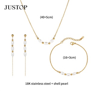Wholesale Custom Stainless Steel PVD 18K 24K Gold Natural Pearl <b>Shell</b> Trendy Earrings <b>Bracelet</b> Jewelry Set Necklaces Justop - Product Image 2
