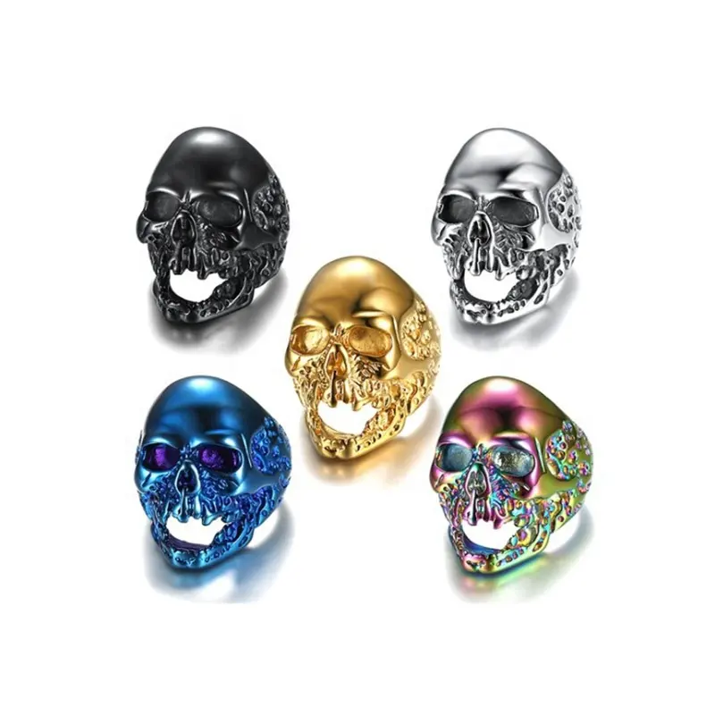 High Quality Hot Selling American European Jewelry Fashion Mens 316L Stainless Steel Skull Head Skeleton Rings