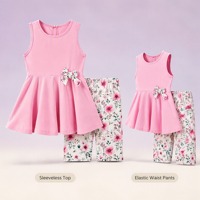 Zomeroutfit voor meisjes, 2-delig, katoen, effen, mouwloos, vlinder strik tuniek top, bloemenprint shorts, kinderkleding