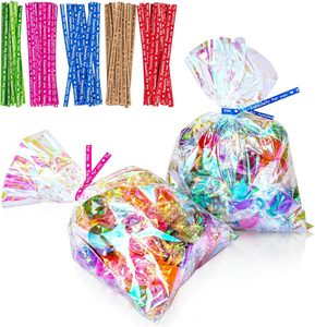 Sacs en cellophane BOPP irisés holographiques roses 4x6 et 5x11 pouces, avec attaches torsadées robustes pour bonbons, friandises, chocolats, supermarché - Product Image 1