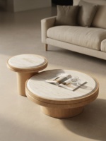 Table basse en travertin et bois, design organique moderne et polyvalent, pour projets d'intérieur haut de gamme