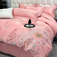 Parure de lit 4-en-1 en polyester effet soie glacée lavée, drap plat à volants, broderie florale, housse de couette soyeuse et rafraîchissante
