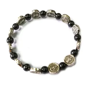 Katholieke Handgemaakte Gevlochten Rozenkrans Armband St Mary Metalen Munt Kralen 6mm Hematiet kralen Armband Kruis Klassieke Gebed Armbanden