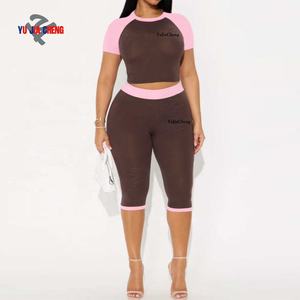 Kaos Raglan Crop dan Legging Capri Pinggang Tinggi, Set Olahraga Dua Potong Warna Kontras untuk Wanita, Pakaian Santai - Product Image 2