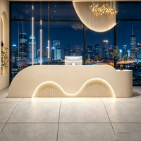 Comptoir de réception moderne en bois courbé et élégant avec éclairage LED, table de réception robuste pour spa, salon, salle d'attente, entrée d'entreprise