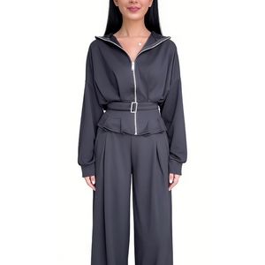 Setelan Wanita 2 Potong dengan Ritsleting, Kerah, Celana Lebar, dan Sabuk, Outfit Kasual untuk Kantor - Product Image 6