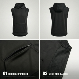 Sudadera sin mangas con capucha para hombre, de corte moderno, atlética, de secado rápido, transpirable, con malla y bolsillo canguro oculto lateral con cremallera, ideal para el gimnasio. - Product Image 2