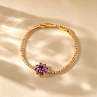 Bracelet pour femme en alliage de cuivre plaqué or 18 carats, fleur violette en zircon cubique, élégant, délicat, empilable, tendance