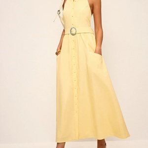 Customizable Vintage Strappy Women's Dress Retro Style Halter Neck Backless Shirt Dress with <b>Belt</b> Maxi Dress - Product Image 2