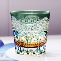 Gelas Shot Whiskey Kristal Edo Kiriko Mewah 320ml dengan Desain Bunga Terukir Tangan, Cangkir Koktail Old Fashioned dengan Kotak Hadiah