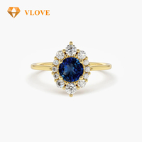 Bague de fiançailles VLOVE en or jaune massif 14 carats avec halo de saphir bleu rond et diamant de laboratoire, bijoux fins pour femme, anniversaire de mariage