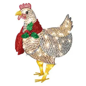 Ornamen Natal Ayam Jantan, Hiasan Natal Ayam Betina Logam Dekorasi Liburan dengan Lampu Pasak Taman Luar Ruangan