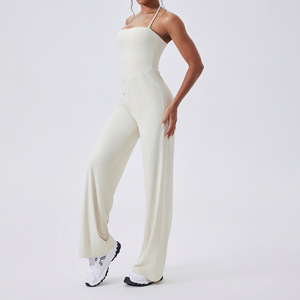 Set pakaian kasual wanita, Halter tali leher, Bodysuit olahraga, jumpsuit belakang terbuka, rompi ketat berkobar - Product Image 6