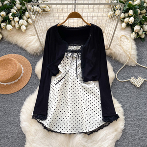 Ensemble 2 pièces à pois pour femme, <span class=keywords><strong>cardigan</strong></span> à manches longues et robe camisole avec dentelle, tenue superposée pour le quotidien et les trajets - Product Image 1
