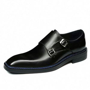 Chaussures habillées en cuir à bout carré pour hommes, nouveau style 2026, formelles d'affaires, avec couture norvégienne et fermeture à boucle, de luxe, de créateur - Product Image 4