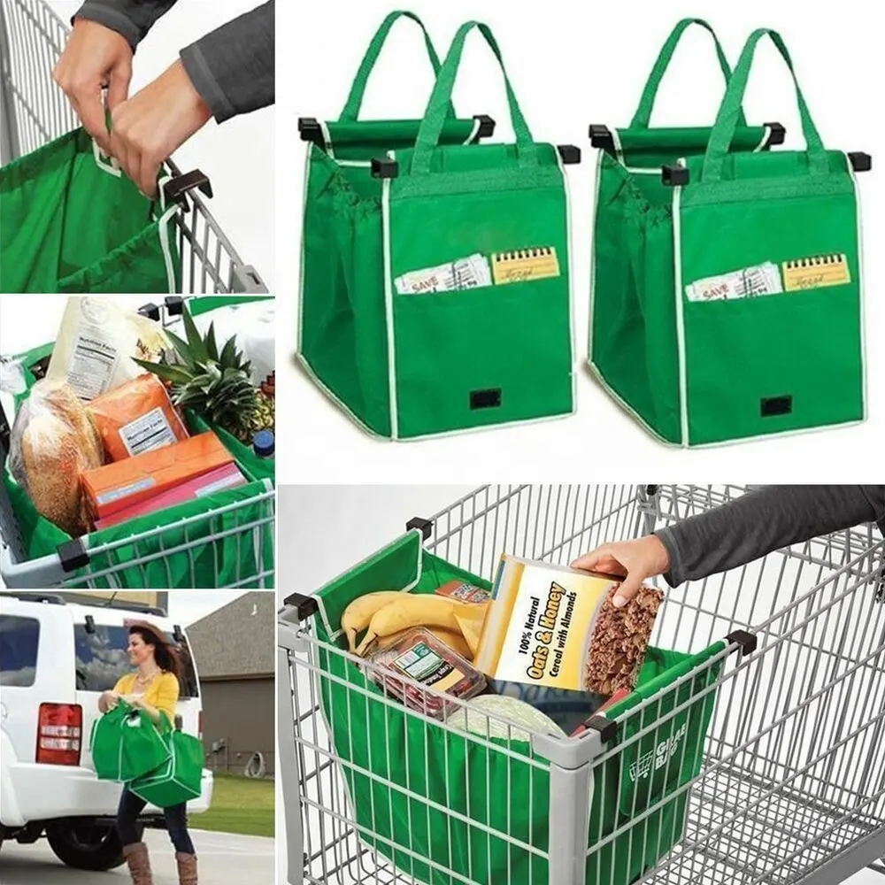 Reusable Grocery Shopping Trolley Bags Green Non-woven Tote Bags with Handles Collapsible and Go Bag Clip on Shop