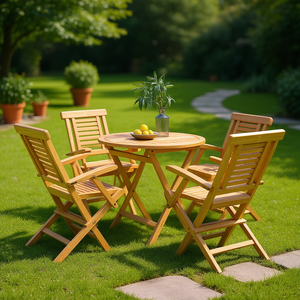 Ensemble de salle à manger de jardin en teck massif, 4 places, pliable, mobilier d'extérieur, style rustique - Product Image 2