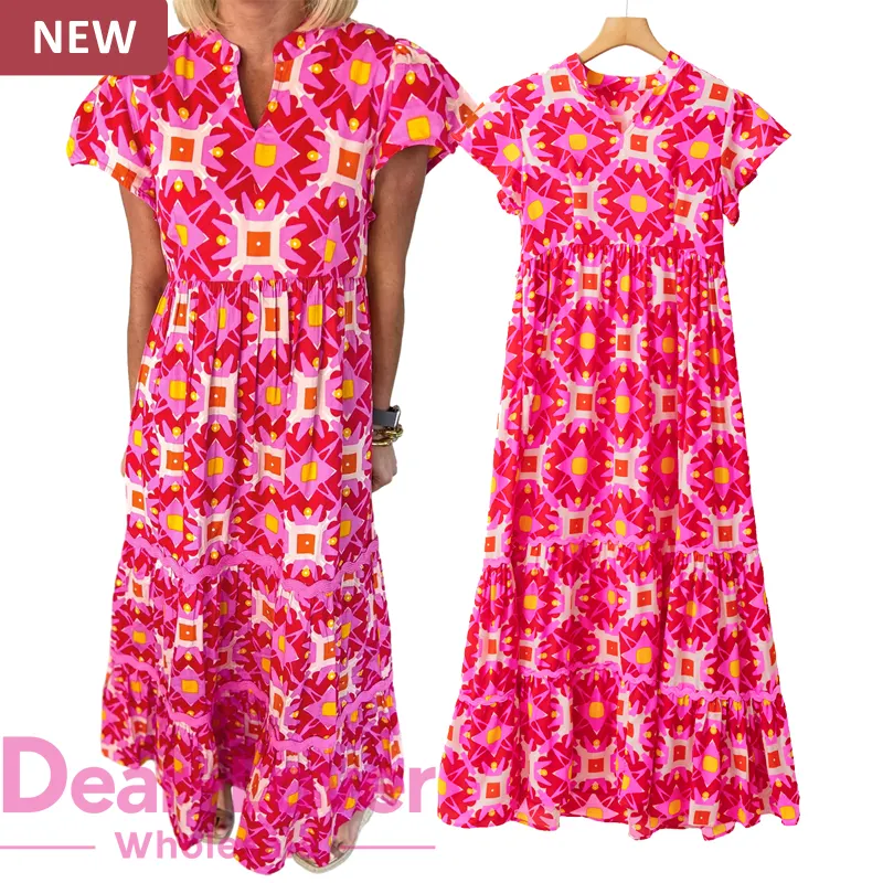 Dear-Lover Venta al por mayor Vestidos largos Mujeres Boho Bohemio Poliéster Cap Manga Geo Print V Cuello Maxi Vestido