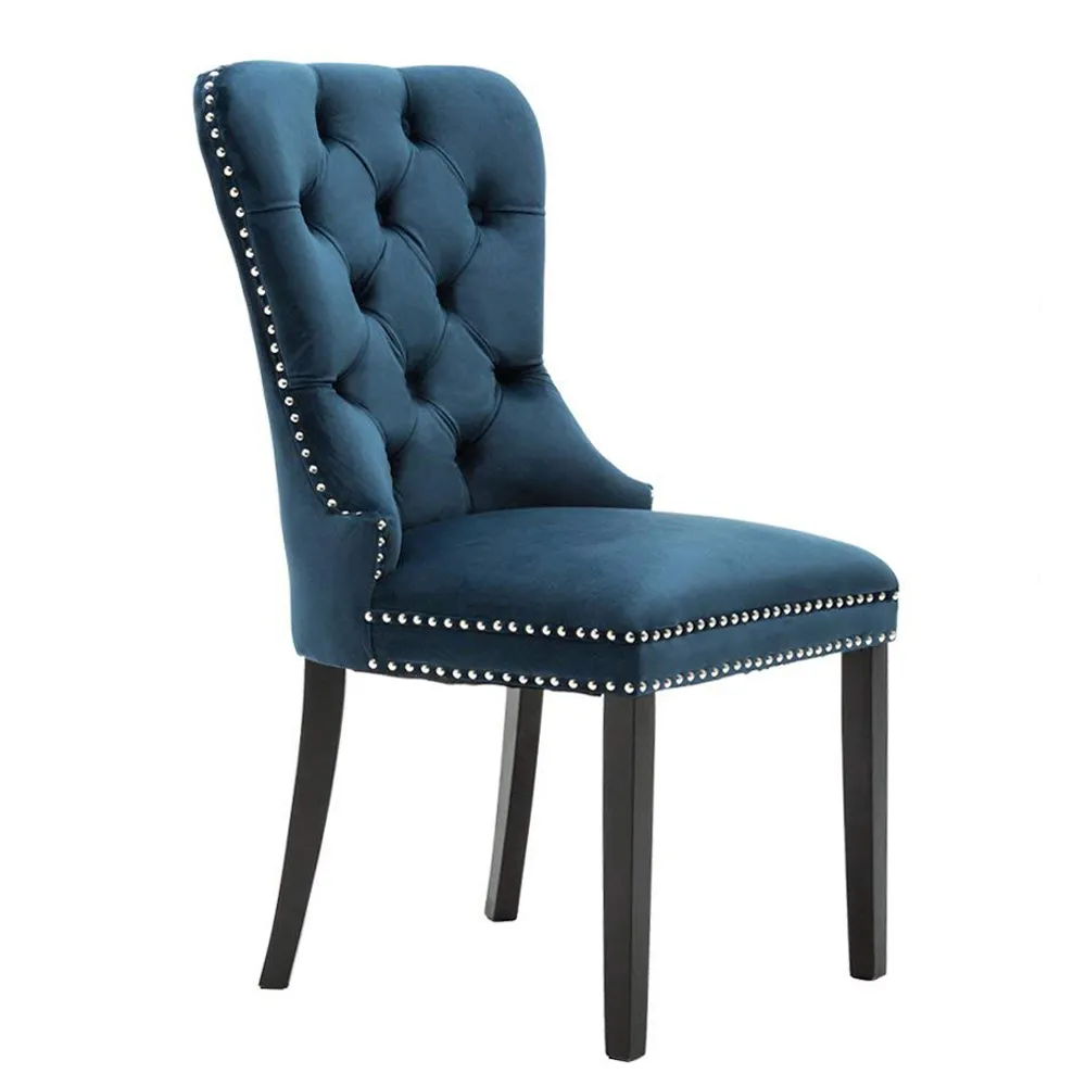 Cadeira de madeira moderna com anel, azul veludo tecido sala de jantar móveis kd borracha pernas de madeira sala de jantar com pequeno anel