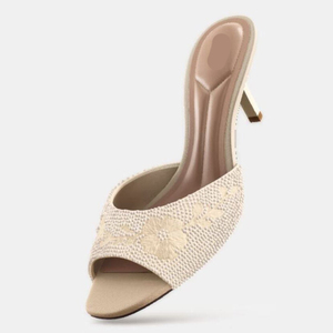Nouvelles sandales d'été à talons fins et fleurs perlées beiges pour soirées, sandales sexy à talons hauts pour femmes - Product Image 2