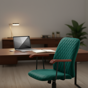 Chaise de bureau en velours avec accoudoirs en bois, dossier matelassé vert, pivotante, réglage manuel, usage domestique - Product Image 2