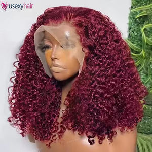 200 Density 99J Super Double Drawn Curl Front Pelucas <span class=keywords><strong>Cabello</strong></span> humano Parte lateral 13x4 Hd Lace Frontal Pelucas de <span class=keywords><strong>cabello</strong></span> chino para mujeres - Product Image 1