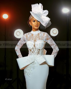 Robes de Mariée Courtes pour la Mariée Col Montant Manches Longues Ajourées Longueur Mi-Mollet en Dentelle Perlée pour Mariage Civil de Style Africain Personnalisables - Product Image 3