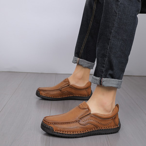 Chaussures en cuir pleine fleur pour hommes, à enfiler, confortables pour la marche, cousues à la main, semelle intérieure souple, pour usage quotidien urbain et décontracté - Product Image 2