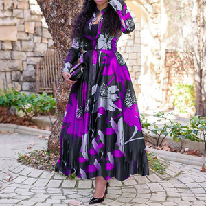 Street wear custom temperament lady Fall Printed Floral maxi Women Hem Printed casual long floral dress