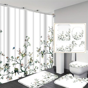 Ensemble de 4 pièces pour salle de bain : rideau de douche, tapis de bain décoratif rose, tapis contour, couvercle de toilette en forme de U, tapis antidérapant en tissu polyester - Product Image 1