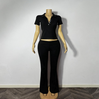 Ensemble décontracté 2 pièces pour femme, été, color block, haut à col en V et manches courtes, pantalon long à cordon élastique, coton et élasthanne