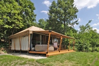 Tentes de glamping de luxe SUBEI Premium, forme triangulaire, imperméables, quatre saisons, deux chambres, toile PVC 7x9m, hôtel en plein air