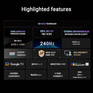 Moniteur de jeu incurvé ultra-large OLED mat de 34 pouces pour Rog Strix, 240 Hz, 0,03 ms, compatible FreeSync et Gsync, 145 % sRGB - Product Image 6