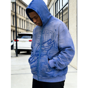 Sweat à capuche pour homme, style streetwear, personnalisé avec un motif brodé, effet tie-dye, fermeture éclair, vintage, délavé, coupe ample, 400 GSM, poids lourd - Product Image 3