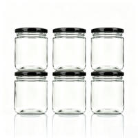 Pot en verre 300 ml 450 ml, transparent, rond, pour le stockage des aliments, avec couvercle à vis en métal noir, pour épices, miel, confiture, emballage