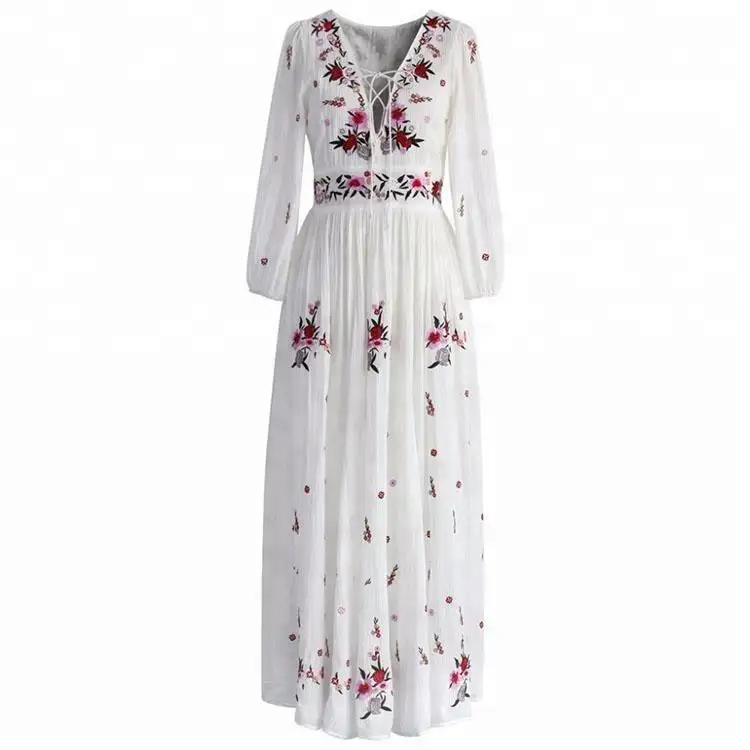 Cotton linen long Dress Summer boho style Long Sleeve lace-up print Floral Maxi long dress