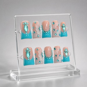 Faux ongles à presser dégradé rose et bleu, avec fleurs 3D et strass, couvrance totale, longueur moyenne, pour soirées - Product Image 4