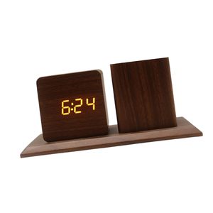 Sveglia Moderna in Legno con LED, 3 Livelli di Regolazione della Luminosità, Visualizza Data e Temperatura, Contiene Portaoggetti per Scrittura - Product Image 2