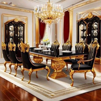 Ensemble table et chaises de salle à manger en bois massif noir doré de style baroque européen, table de banquet longue en bois massif pour 8 personnes