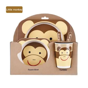 Factory Biodegradable eco friendly bamboo fiber cartoon cute animal anti drop plates kids Dining tableware dinnerware set