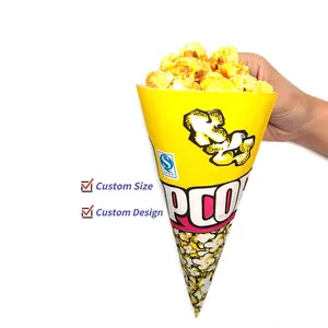 Greaseproof Custom Printed Disposable Take Away Cardboard Paper Popcorn Bucket Recycled Cone Shaped Popcorn Paper Bags