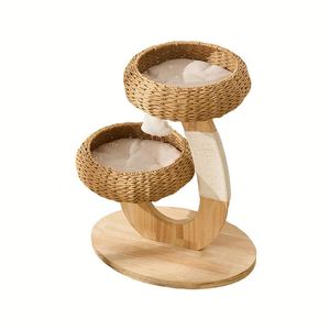 Arbre à chat moderne en rotin à deux niveaux avec paniers tressés, tour à chat en bois et griffoir en sisal pour la décoration intérieure - Product Image 5