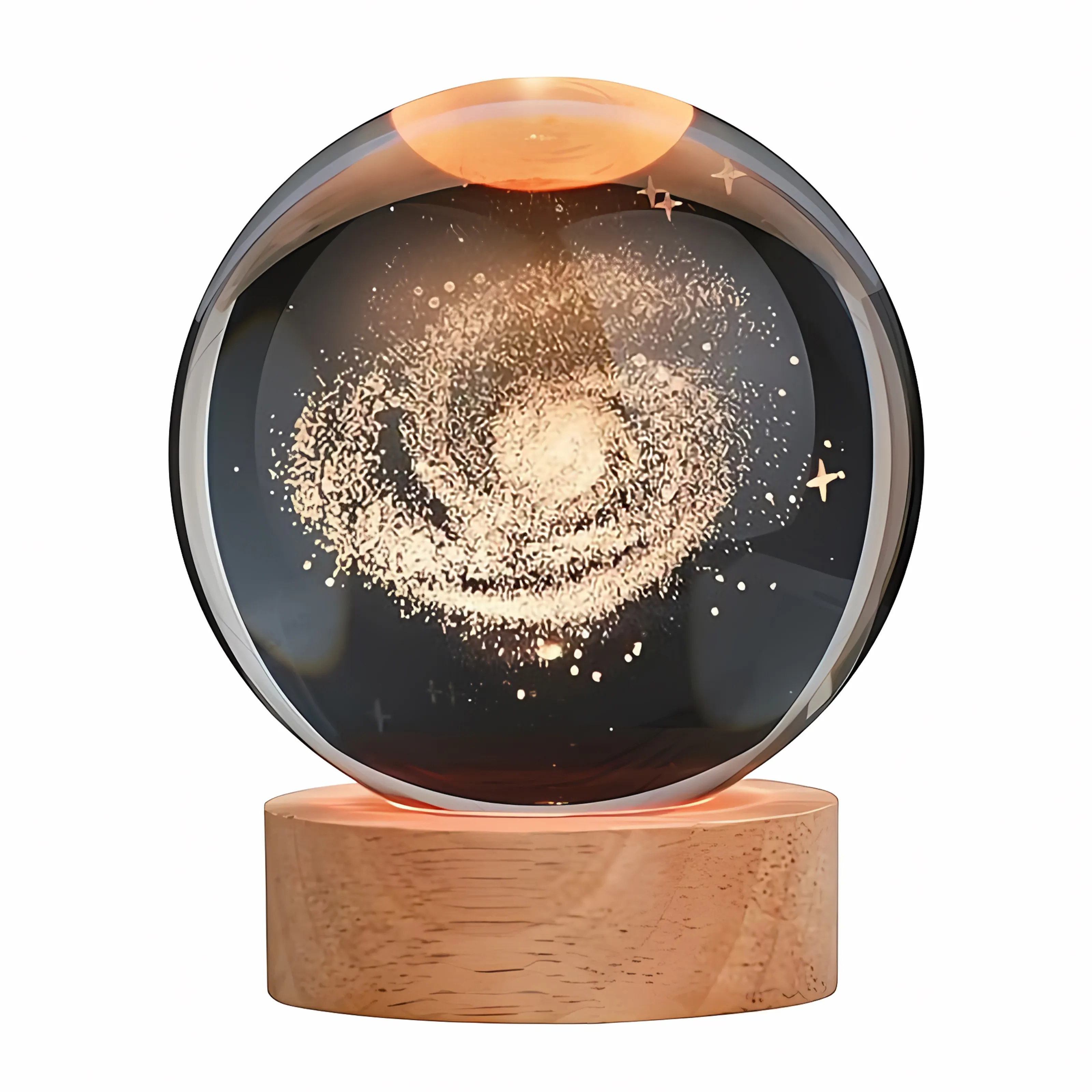 Solar System Planet Sphere Laser 3D Interior Carved Small Night Light Crystal Ball With Wood Base Led Light Night Lamp