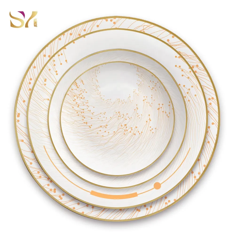 wholesale gilt width edge ceramic dinner plates set bone china for western formal wedding