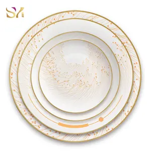 Ensemble d'assiettes à dîner en céramique, 8 pièces, largeur dorée, chine pour mariage formel occidental, vente en gros