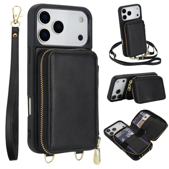 For iPhone 17 Pro Max Crossbody Lanyard PU Leather Phone Case Wallet Zipper Bag RFID Blocking Cover for Apple 6 to 17 Series