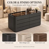 Meuble îlot de rangement pour bijoux en charbon de bois sur mesure avec dessus en verre et tiroirs pour dressing